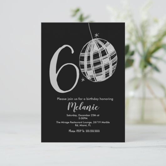 Moderner 60. Script Bold Black Disco Glitzer Invit Einladung (Stehend Vorderseite)