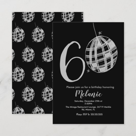 Moderner 60. Script Bold Black Disco Glitzer Invit Einladung (Vorne/Hinten)