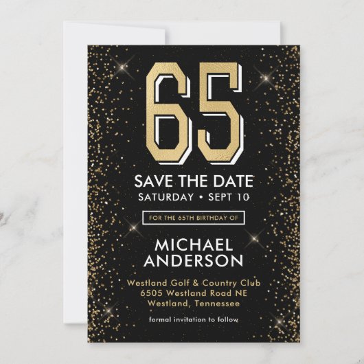 Moderner 65. Geburtstag in Schwarz Save The Date (Vorderseite)