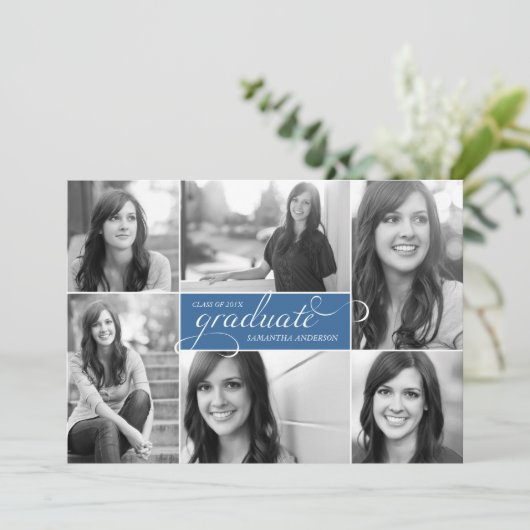 Moderner 6 Foto Script Abschluss Einladung - Blau (Stehend Vorderseite)