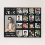 Moderner Abschluss 17 Fotocollage Schwarz Puzzle<br><div class="desc">Schwarzer Abschluss-Puzzle-Sake mit einer 17-Foto-Collage des Absolventen während ihrer Schuljahre. Fügen Sie unter jedem Foto Ihre personalisierten Beschriftungen in einem weißen Skript hinzu.</div>