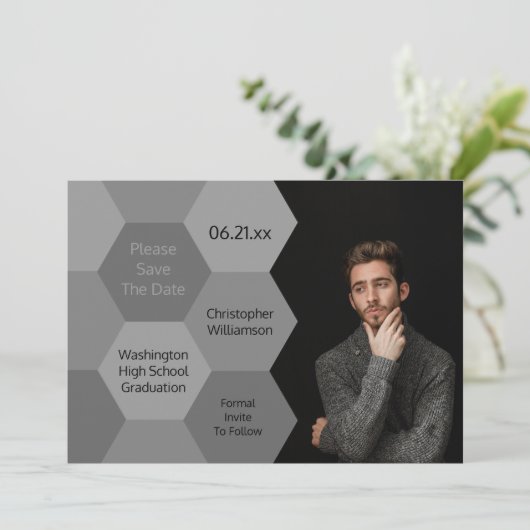 Moderner Abschluss Abstrakt Grau Save the Date Einladung (Stehend Vorderseite)