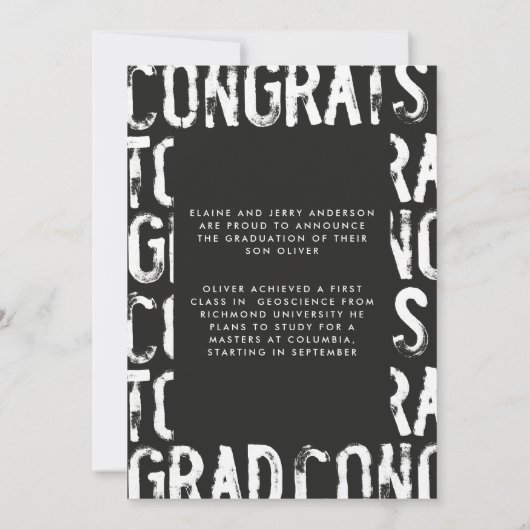 Moderner Abschluss aus schwarz-weiß grungeliertem  Einladung (Rückseite)