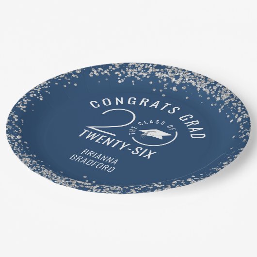 Moderner Abschluss Blue Imitats Silver Glitzer Pappteller (Schrägansicht)