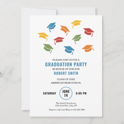 Moderner Abschluss Caps Einladung (Vorderseite)