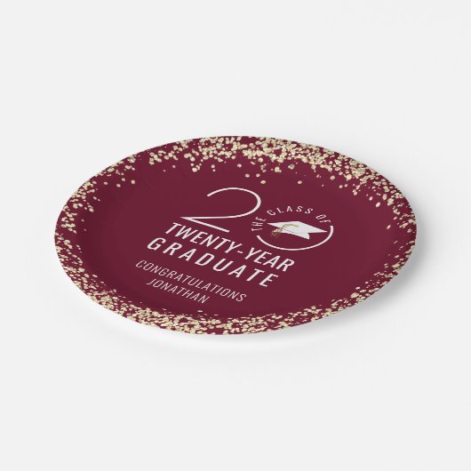 Moderner Abschluss Class Jahr Maroon Gold Confetti Pappteller (Schrägansicht)