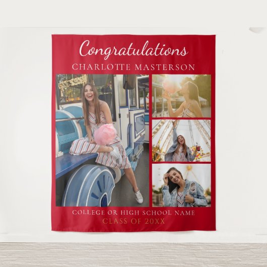 Moderner Abschluss-Collage Roter Hintergrund Wandteppich (Vorderseite)