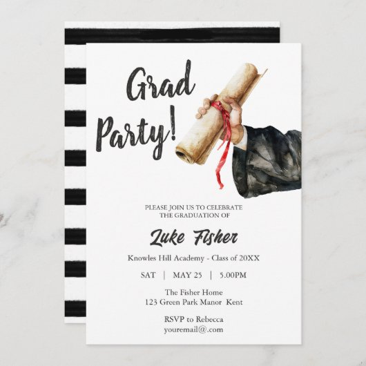 Moderner Abschluss Einladung Mann Schwarz & Weiß (Vorne/Hinten)