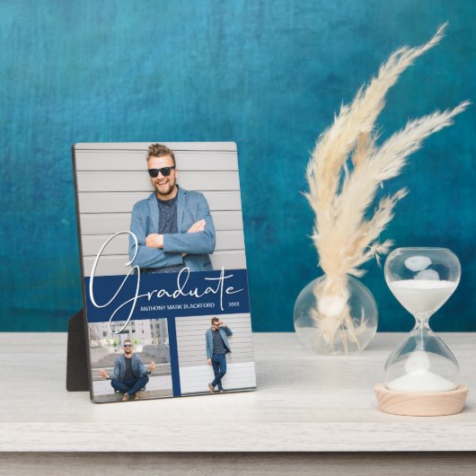 Moderner Abschluss Foto Collage Navy Blue Fotoplatte (Seite)