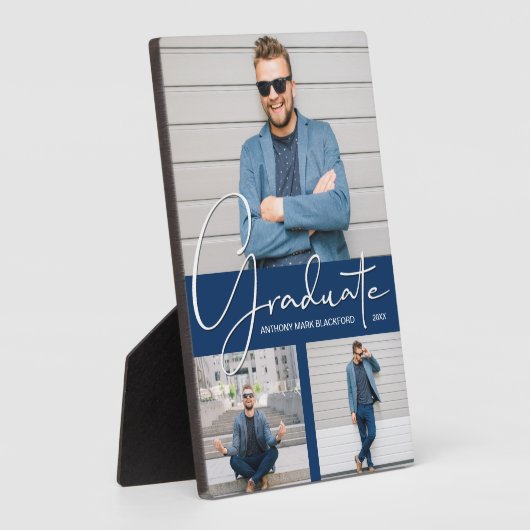 Moderner Abschluss Foto Collage Navy Blue Fotoplatte (Seite)