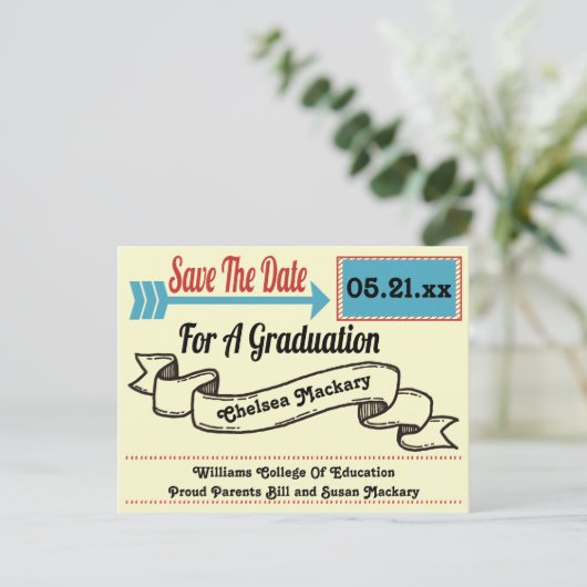 Moderner Abschluss für Pfeil und Band Save the Dat Ankündigungspostkarte (Stehend Vorderseite)