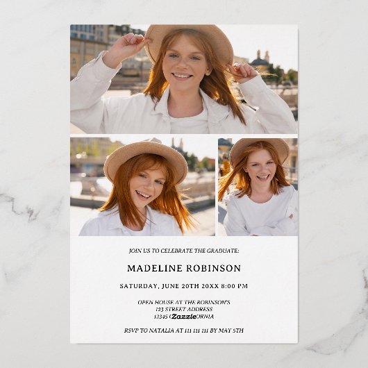 Moderner Abschluss in Schwarz und Gold 4 Foto Folieneinladung (Rückseite)