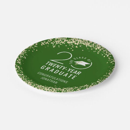 Moderner Abschluss-Klasse Jahr Grüne Gold Confetti Pappteller (Schrägansicht)