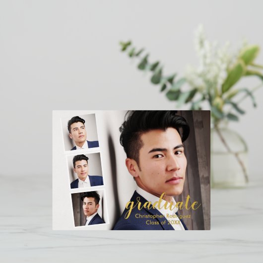 Moderner Abschluss mit 4 Fotos Folie Einladungspostkarte (Stehend vorne)