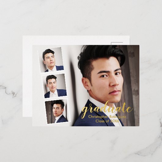 Moderner Abschluss mit 4 Fotos Folie Einladungspostkarte (Vorderseite/Rückseite)