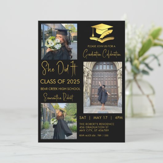 Moderner Abschluss mit drei Fotos Einladung (Stehend Vorderseite)