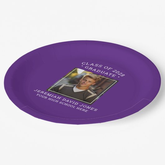 Moderner Abschluss mit Lila und weißem Foto Pappteller (Schrägansicht)
