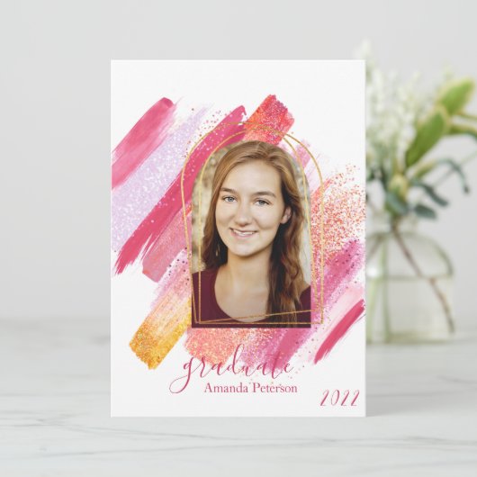 Moderner Abschluss mit rosa- und goldfarbenem Hint Einladung (Stehend Vorderseite)