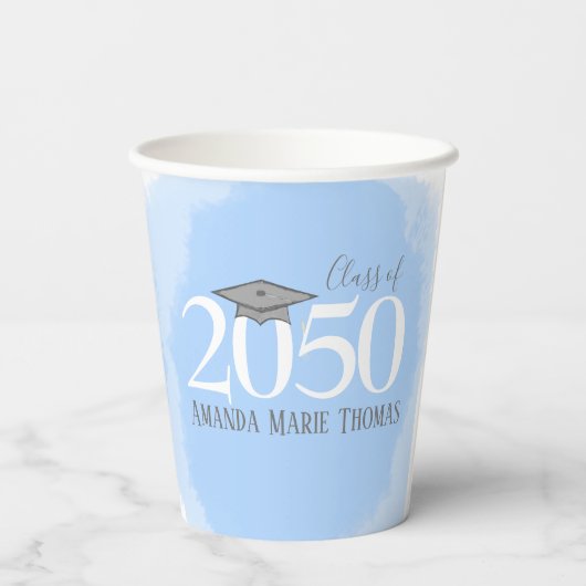 Moderner Abschluss Modernes Mortarboard Blau Pappbecher (Rückseite)