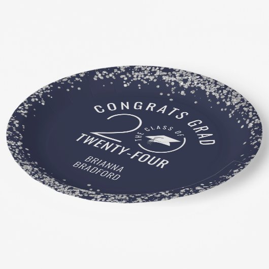 Moderner Abschluss Navy Blue Imitats Silver Glitze Pappteller (Schrägansicht)