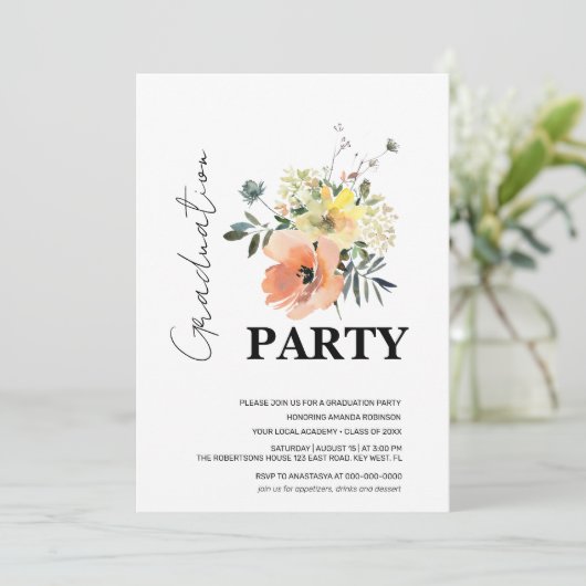 Moderner Abschluss Peach and Greenery Einladung (Stehend Vorderseite)