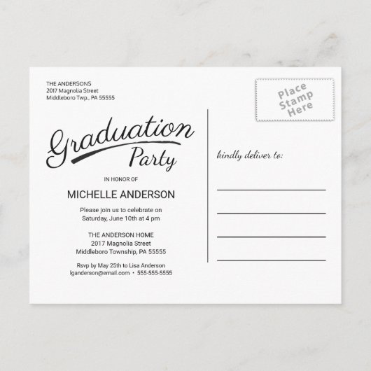 Moderner Abschluss Pinselschrift 2-seitige Party-F Einladungspostkarte (Rückseite)