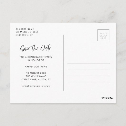 Moderner Abschluss Save the Date Postkarte (Rückseite)