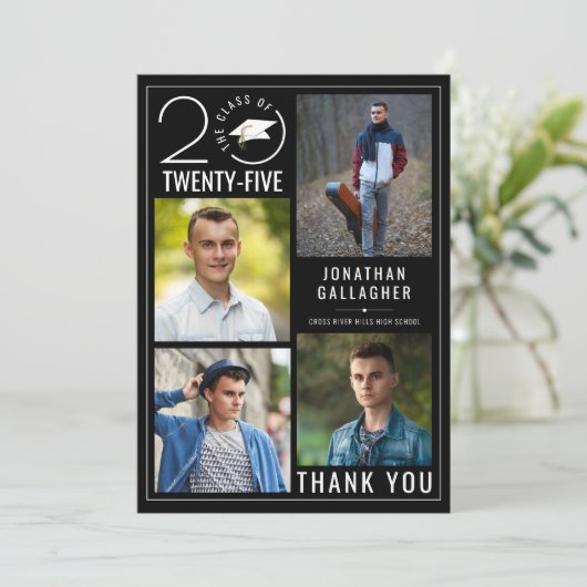 Moderner Abschluss Schwarz-weiß 5 FotoCollage Dankeskarte (Stehend Vorderseite)