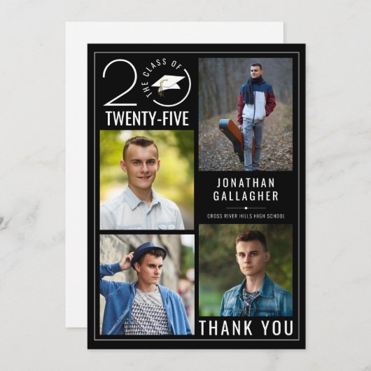 Moderner Abschluss Schwarz-weiß 5 FotoCollage Dankeskarte (Vorne/Hinten)