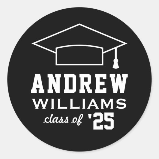 Moderner Abschluss Schwarz-Weiß-Individuelle Name Runder Aufkleber (Vorderseite)