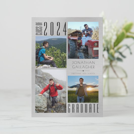 Moderner Abschluss Vier Fotos silber gebürstet Ankündigung (Stehend Vorderseite)