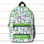 Moderner Abstrakt geometrischer Personalisierter N Bedruckter Rucksack<br><div class="desc">Modernes Abstrakt Geometrisches Muster Personalisierter Name Backpack weist ein modernes geometrisches Muster in grün und lila auf einem weißen Hintergrund mit personalisiertem Namen,  Monogramm oder Text auf. Ideal für Schule,  Sport,  Gymnastik,  Reisen und vieles mehr. Entworfen von ©Evco Studio www.zazzle.com/store/evcostudio</div>