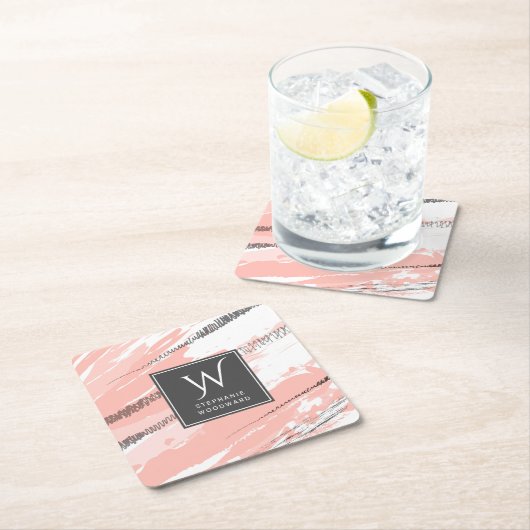 Moderner Abstrakt rosa, weißer Grau-Monogramm-Plat Rechteckiger Pappuntersetzer (Vor Ort)