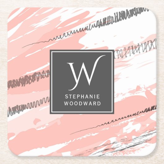 Moderner Abstrakt rosa, weißer Grau-Monogramm-Plat Rechteckiger Pappuntersetzer (Vorderseite)