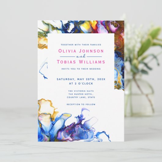 Moderner, abstrakter, blauer rosa Marmor Einladung (Stehend Vorderseite)