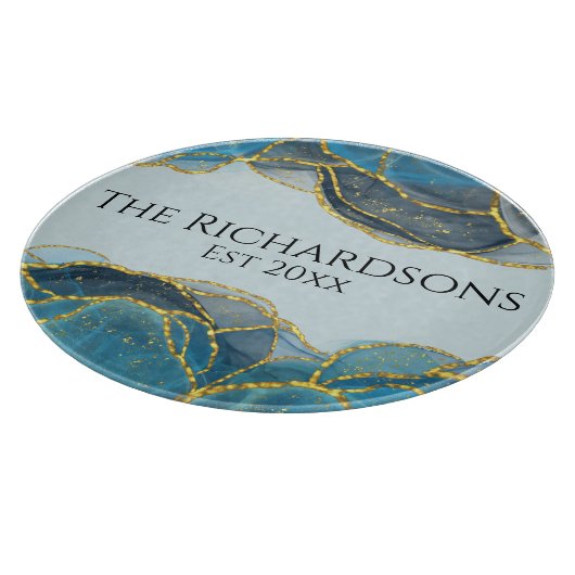 Moderner Abstrakter Blue Gold Agate Stone Name Schneidebrett (Ecke)