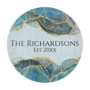 Moderner Abstrakter Blue Gold Agate Stone Name Schneidebrett