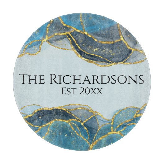 Moderner Abstrakter Blue Gold Agate Stone Name Schneidebrett (Vorderseite)