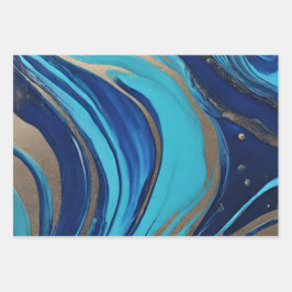 Moderner Abstrakter Fluss Art - Blau und Gold Geschenkpapier Set
