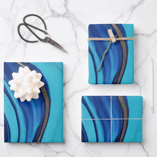 Moderner Abstrakter Fluss Art - Blau und Gold Geschenkpapier Set (Vorderseite)