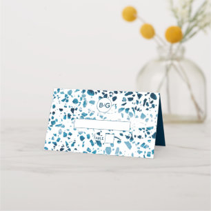 Moderner Abstrakter Terrazzo Mosaic Blue Wedding P Platzkarte