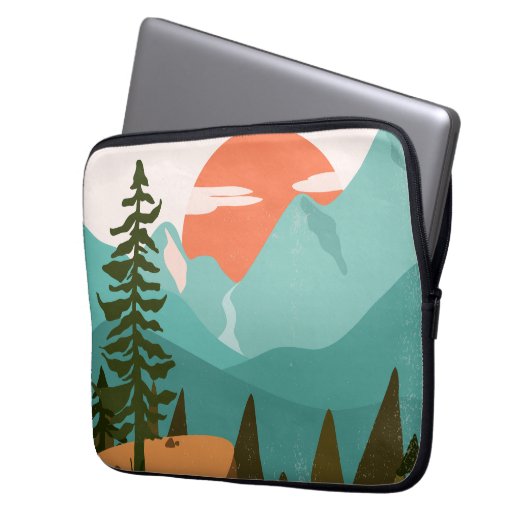 Moderner Abstrakter Wald, Gebirge und Sonnenaufgan Laptopschutzhülle (Vorderseite Links)