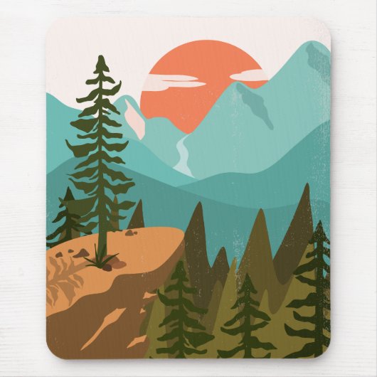 Moderner Abstrakter Wald, Gebirge und Sonnenaufgan Mousepad (Vorne)