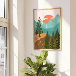 Moderner Abstrakter Wald, Gebirge und Sonnenaufgan Poster