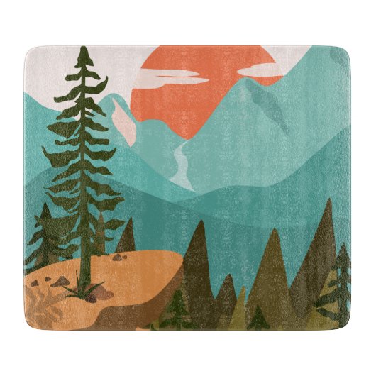 Moderner Abstrakter Wald, Gebirge und Sonnenaufgan Schneidebrett (Vorderseite)