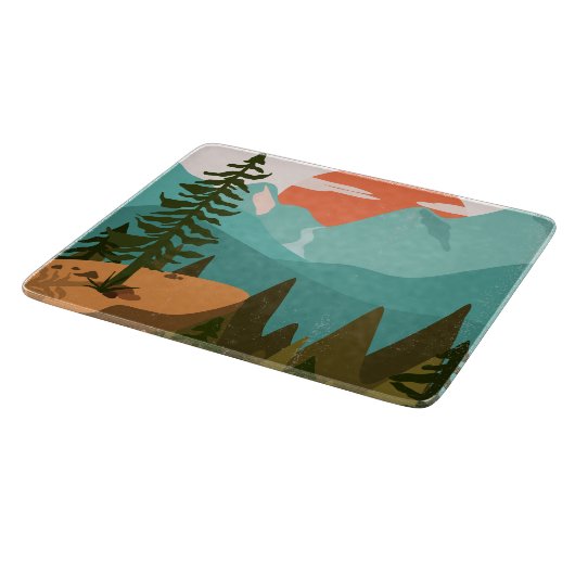 Moderner Abstrakter Wald, Gebirge und Sonnenaufgan Schneidebrett (Ecke)
