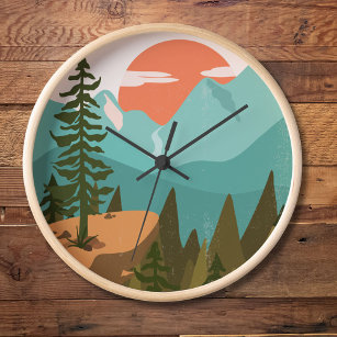 Moderner Abstrakter Wald, Gebirge und Sonnenaufgan Uhr