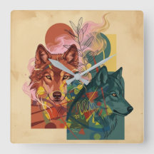 Moderner abstrakter Wolf und Natur Quadratwanduhr
