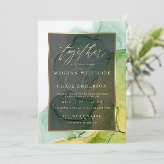 Moderner Alkohol Tinte Lebhafte Grüntöne und Golds Einladung (Stehend Vorderseite)