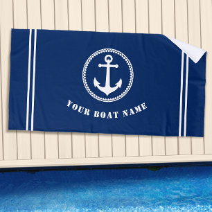 Moderner Anker mit Schiffsname Navy Blue Strandtuch
